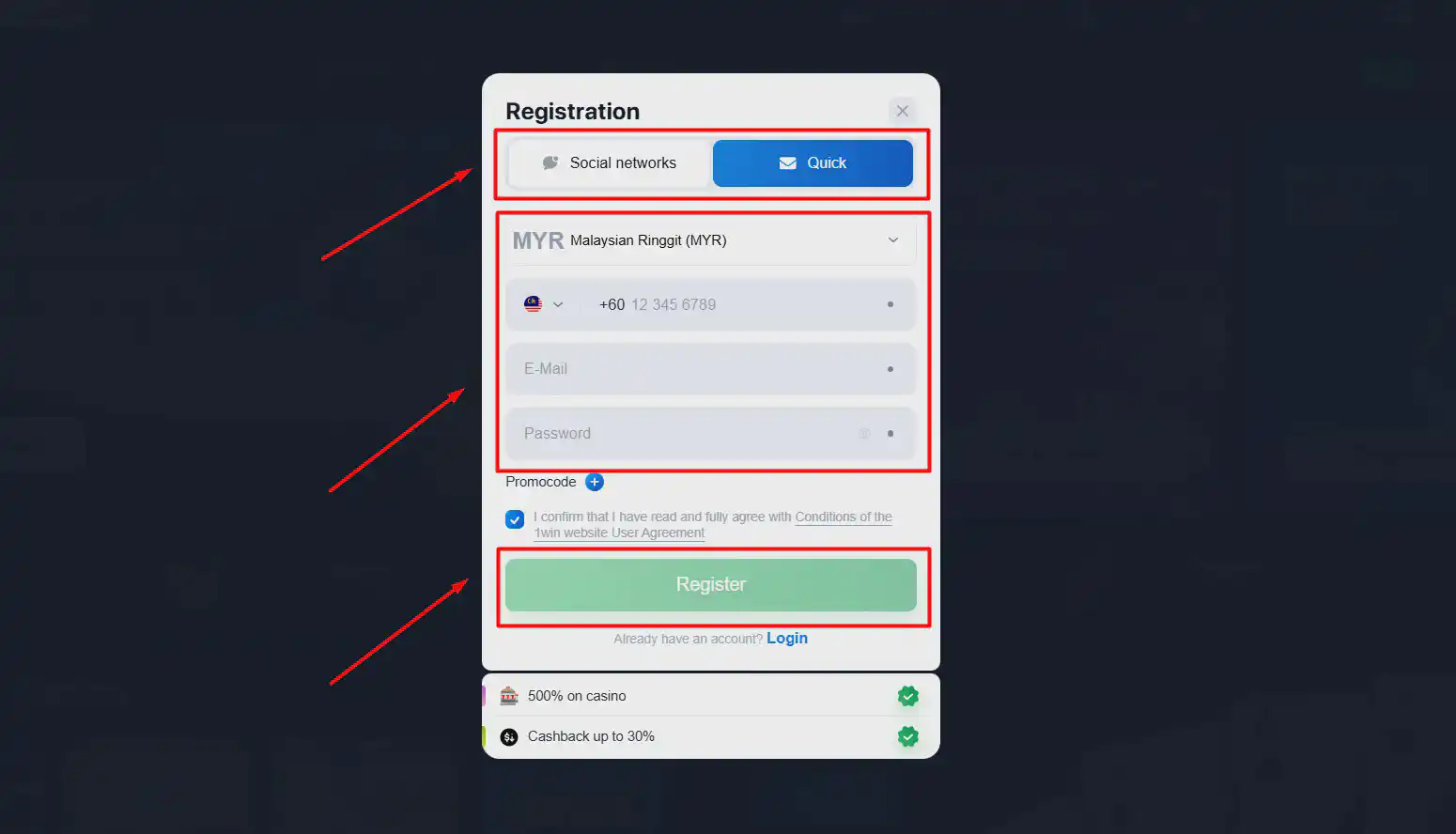 1win registration and login mobile app