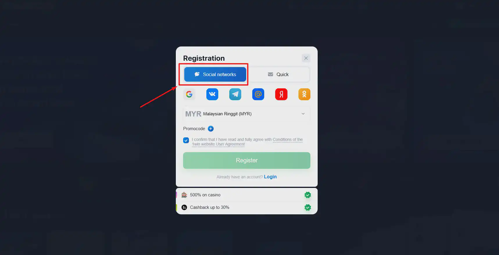 1win registration Malaysia